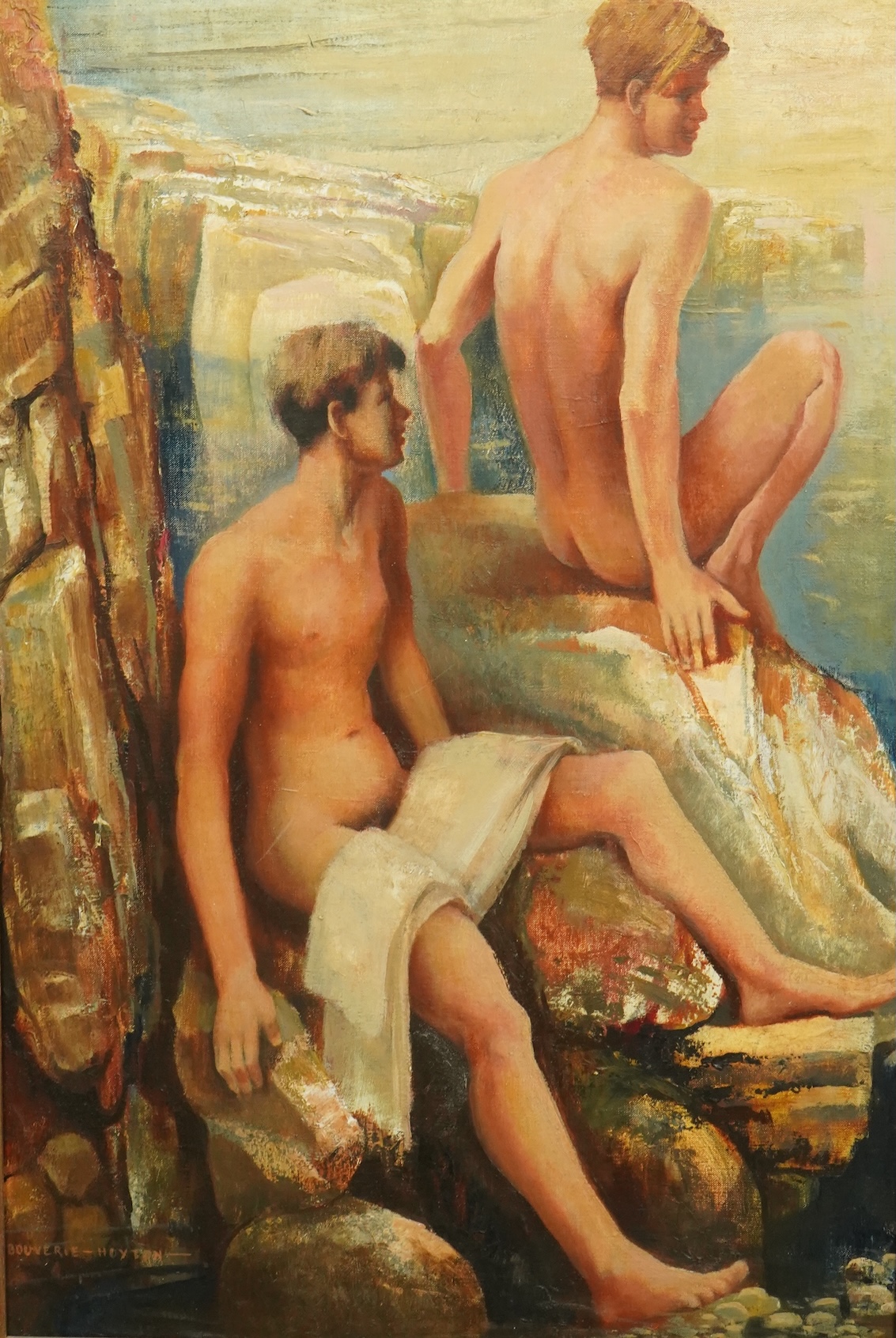 Edward Bouverie Hoyton (English, 1900-1988), Boys bathing from rocks, oil on canvas, 75 x 49cm